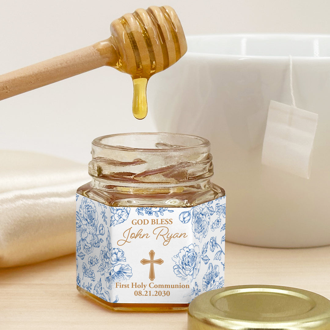 Baptism Wedding Favors, First Communion Favors, Chinoiserie Toile Baptism Honey