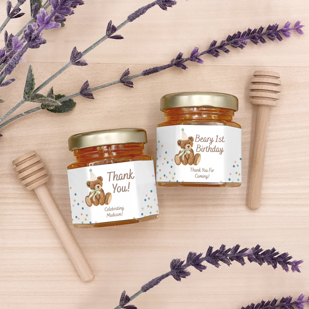 Teddy Bear Birthday, Beary First Birthday, Birthday Honey Jars