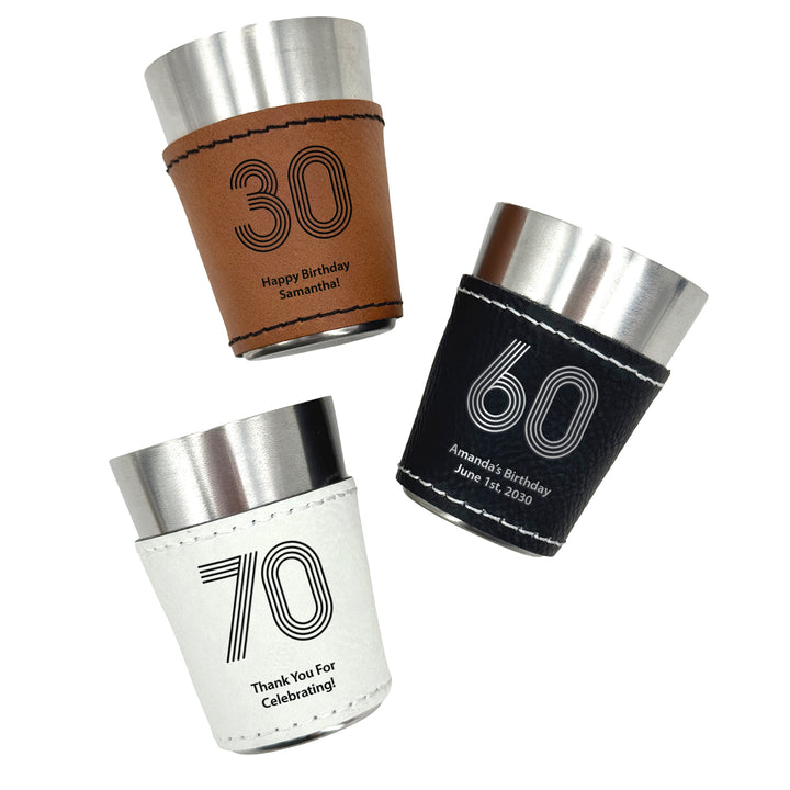 Custom Faux Leatherette Shot Glass, Personalized Birthday Favors, Stripe Number Shot Glass