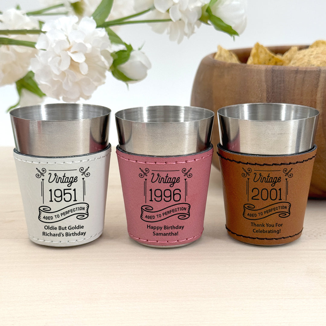 Custom Faux Leatherette Shot Glass, Personalized Birthday Favors, Vintage Birthday Shot Glass