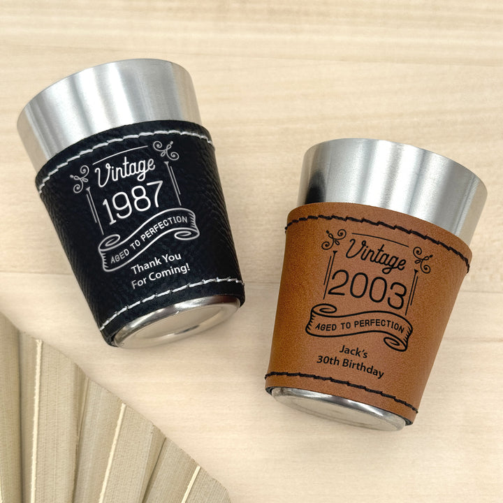 Custom Faux Leatherette Shot Glass, Personalized Birthday Favors, Vintage Birthday Shot Glass