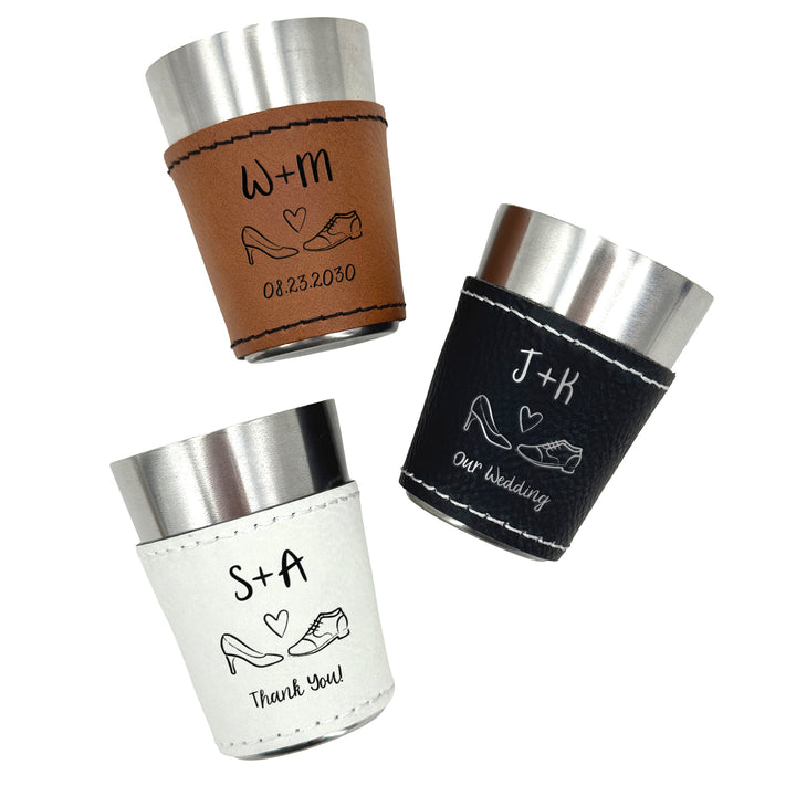 Custom Bride and Groom Initial Faux Leatherette Shot Glass, Personalized Wedding Gift, Wedding Doodles