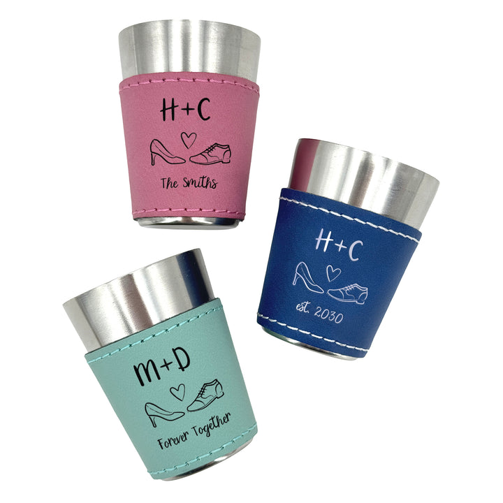 Custom Bride and Groom Initial Faux Leatherette Shot Glass, Personalized Wedding Gift, Wedding Doodles
