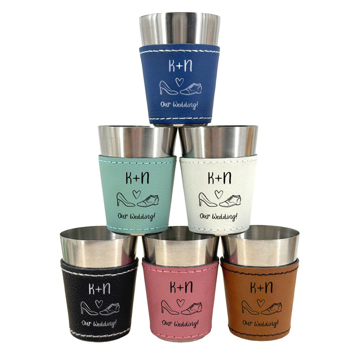 Custom Bride and Groom Initial Faux Leatherette Shot Glass, Personalized Wedding Gift, Wedding Doodles