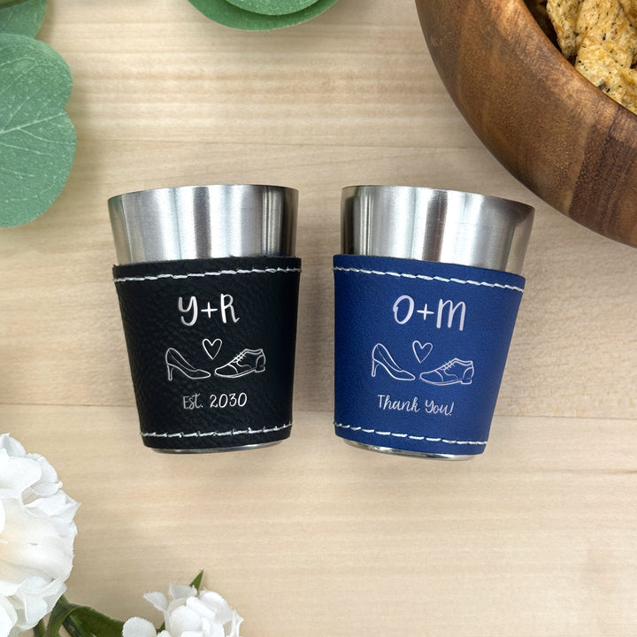 Custom Bride and Groom Initial Faux Leatherette Shot Glass, Personalized Wedding Gift, Wedding Doodles