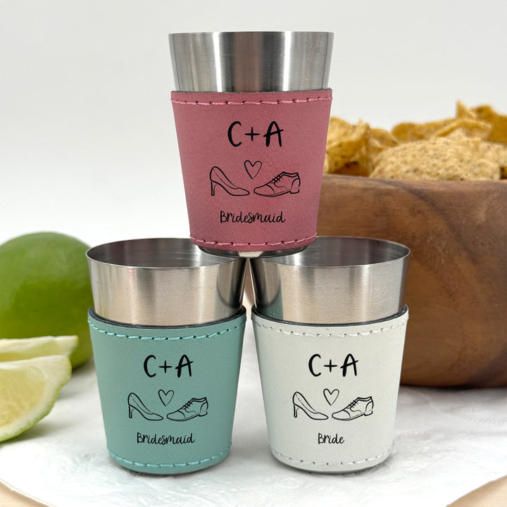 Custom Bride and Groom Initial Faux Leatherette Shot Glass, Personalized Wedding Gift, Wedding Doodles
