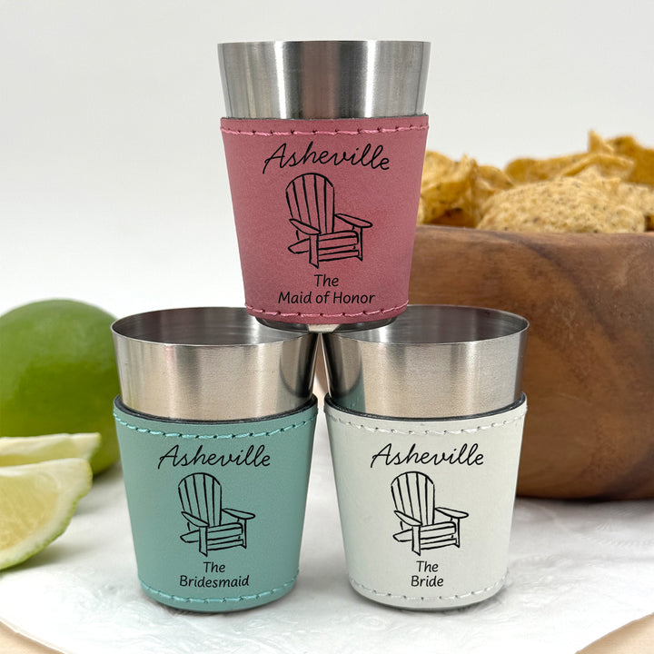 Asheville Bachelorette, Personalized Faux Leather Shot Glasses