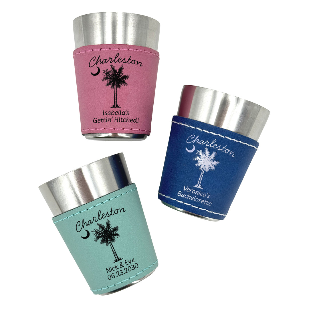 Charleston Bachelorette, Personalized Faux Leather Shot Glasses