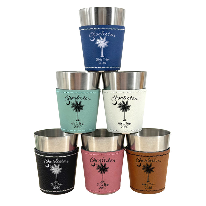 Charleston Bachelorette, Personalized Faux Leather Shot Glasses