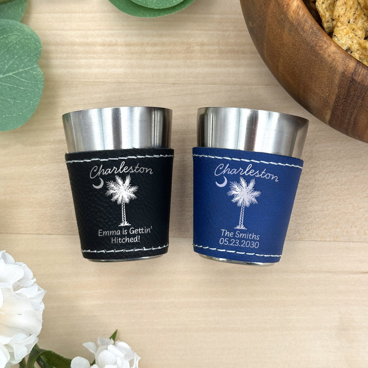 Charleston Bachelorette, Personalized Faux Leather Shot Glasses