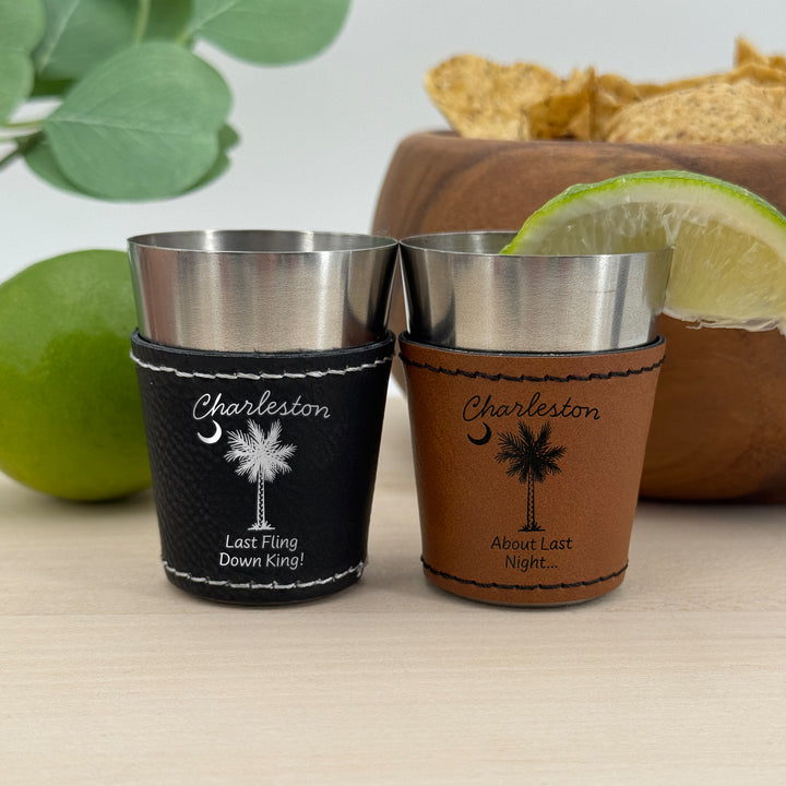 Charleston Bachelorette, Personalized Faux Leather Shot Glasses