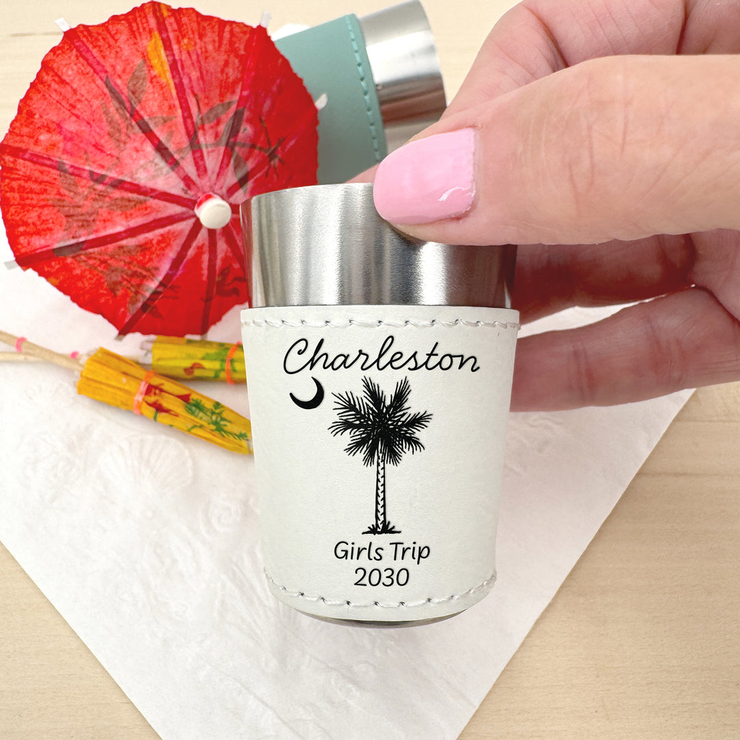 Charleston Bachelorette, Personalized Faux Leather Shot Glasses