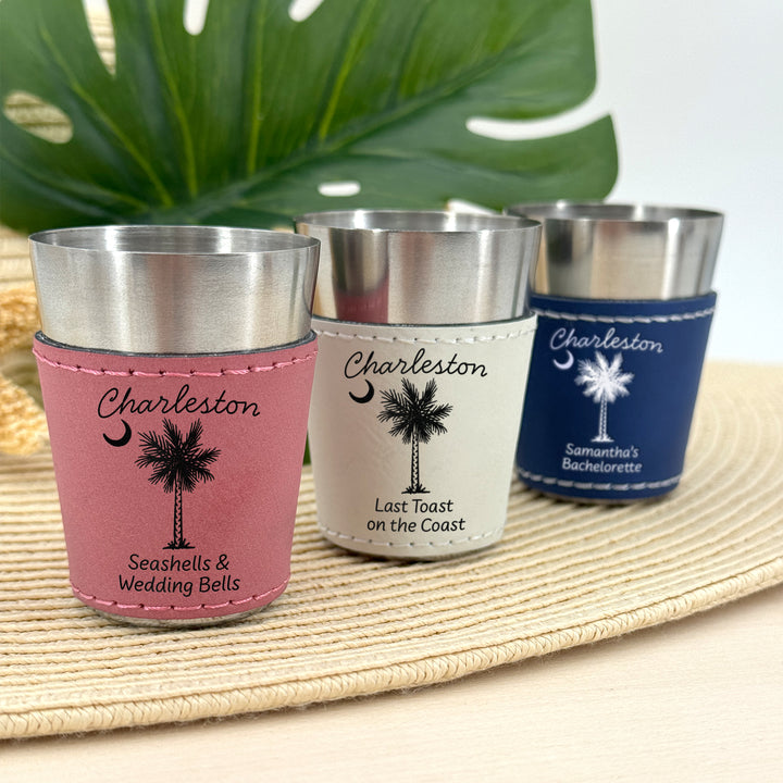 Charleston Bachelorette, Personalized Faux Leather Shot Glasses
