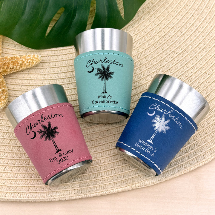 Charleston Bachelorette, Personalized Faux Leather Shot Glasses