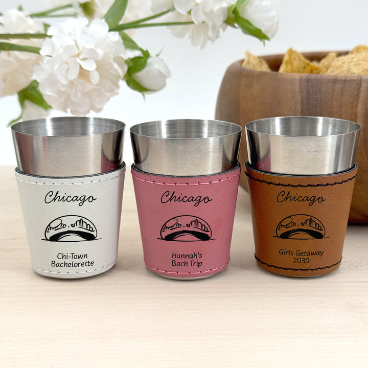 Chicago Bachelorette, Personalized Faux Leather Shot Glasses