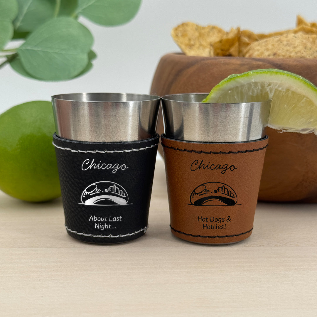 Chicago Bachelorette, Personalized Faux Leather Shot Glasses