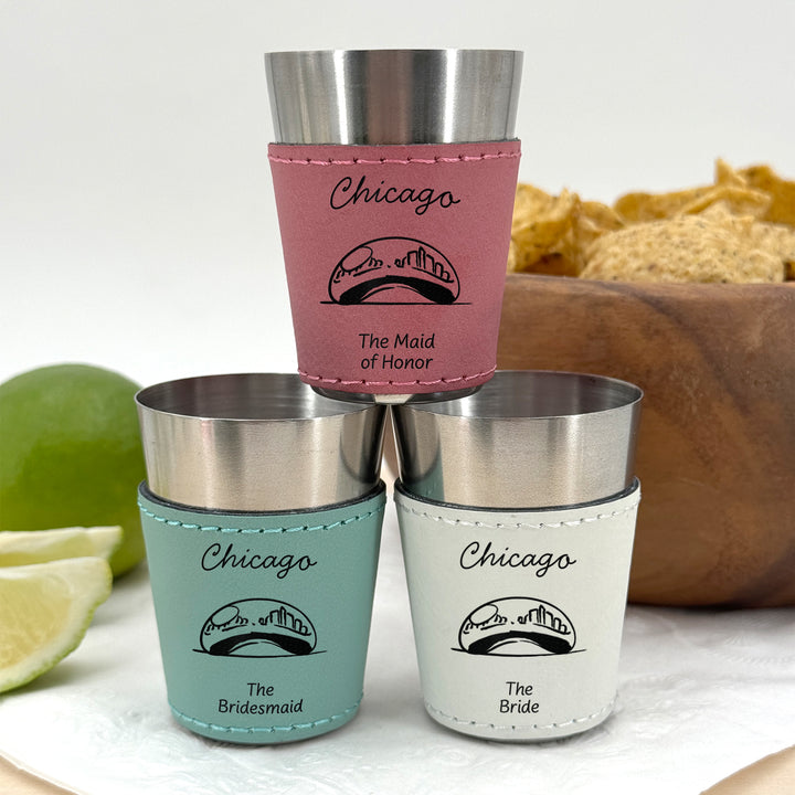 Chicago Bachelorette, Personalized Faux Leather Shot Glasses