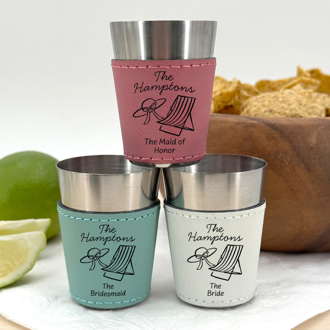 Hamptons Bachelorette, Personalized Faux Leather Shot Glasses