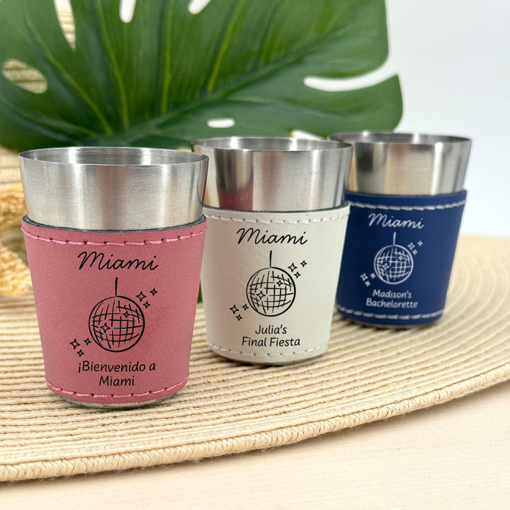 Miami Bachelorette, Personalized Faux Leather Shot Glasses