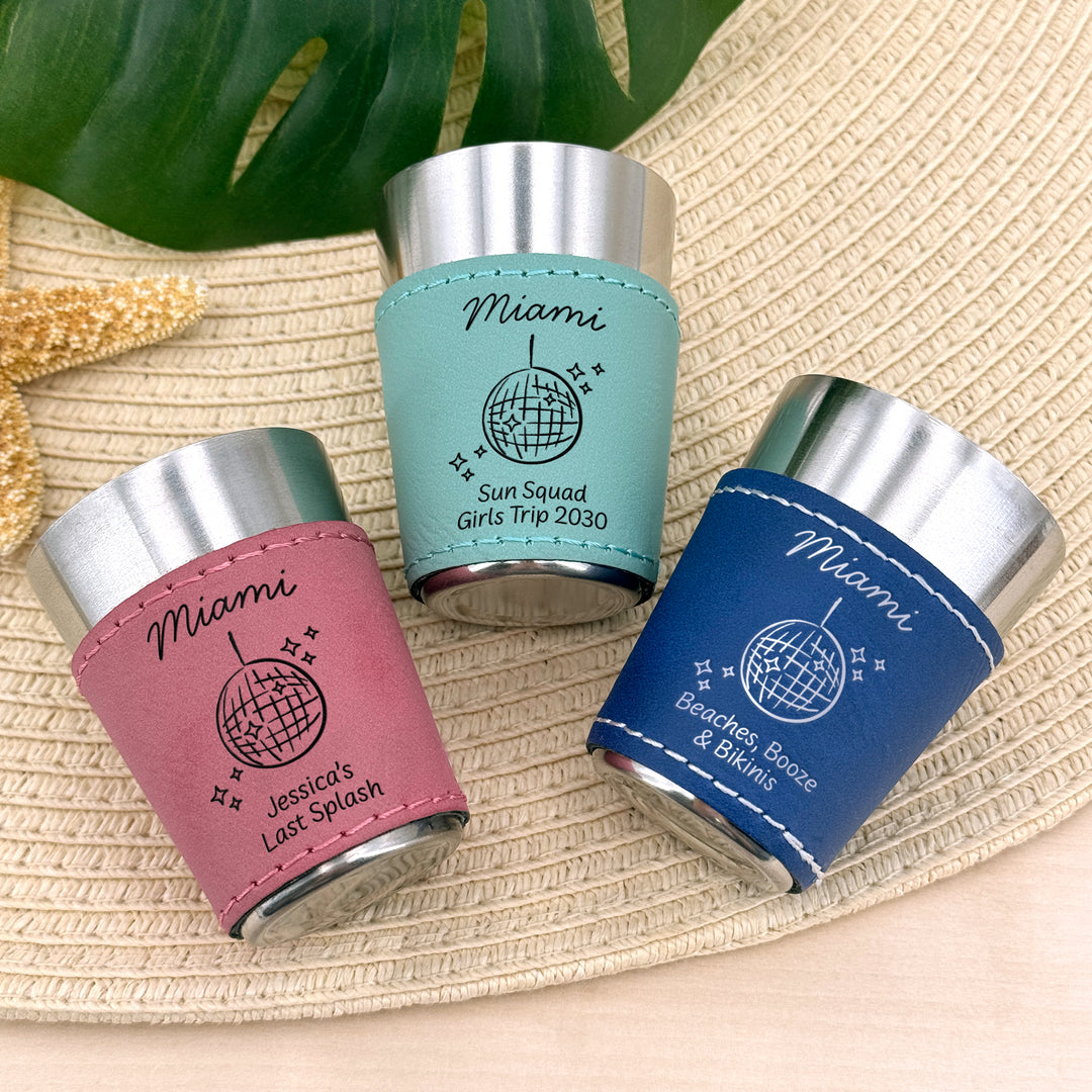 Miami Bachelorette, Personalized Faux Leather Shot Glasses