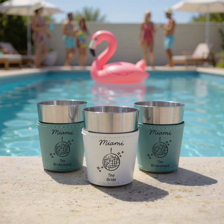 Miami Bachelorette, Personalized Faux Leather Shot Glasses