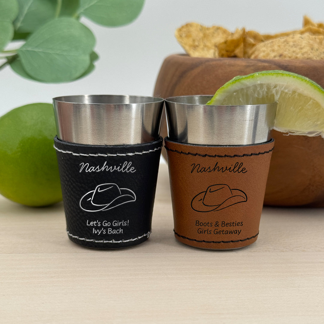 Nashville Bachelorette, Personalized Faux Leather Shot Glasses