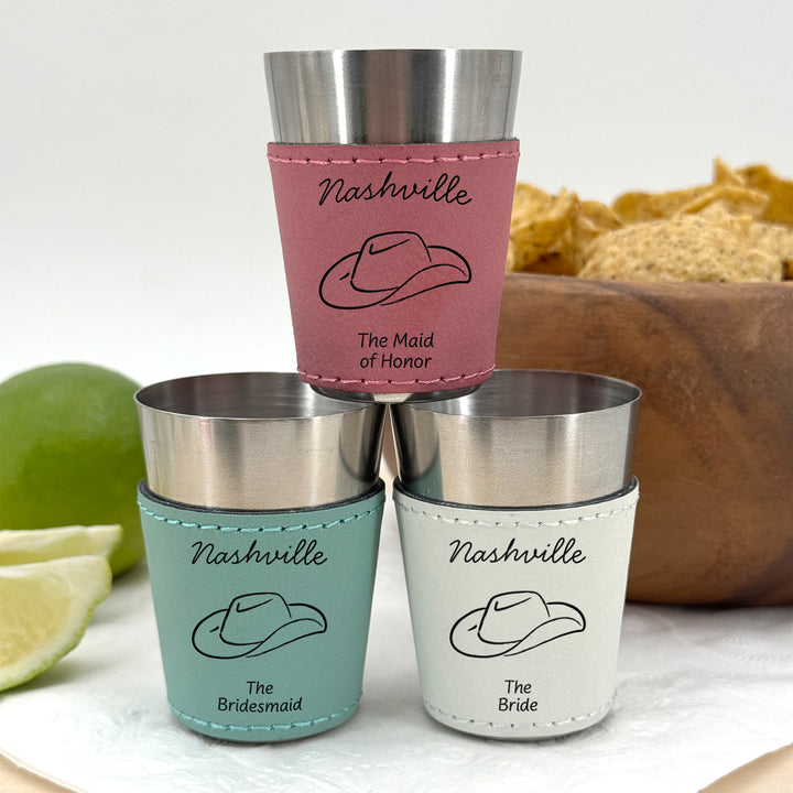 Nashville Bachelorette, Personalized Faux Leather Shot Glasses