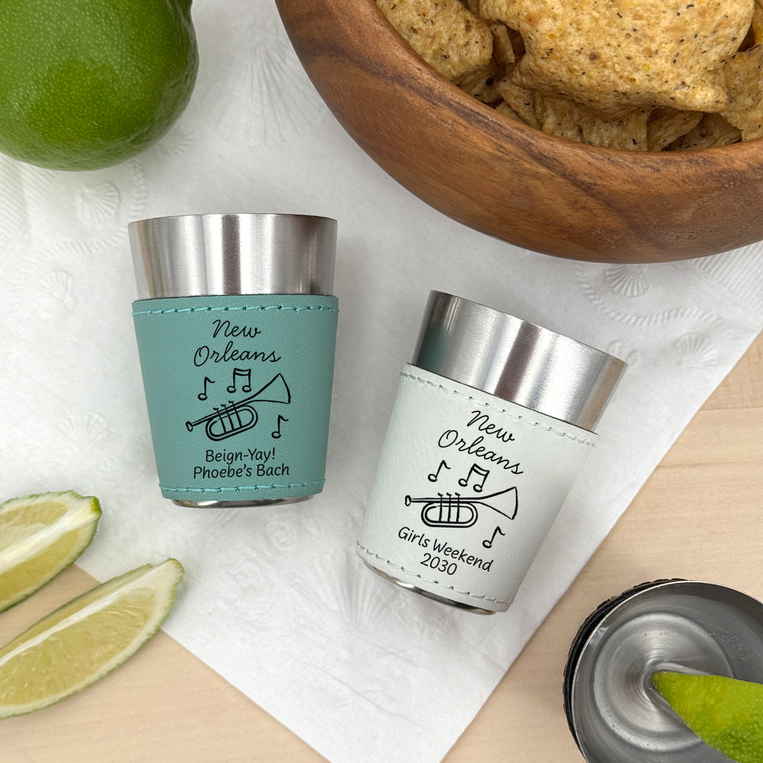New Orleans Bachelorette, Personalized Faux Leather Shot Glasses