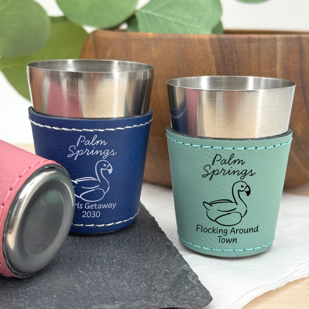 Palm Springs Bachelorette, Personalized Faux Leather Shot Glasses