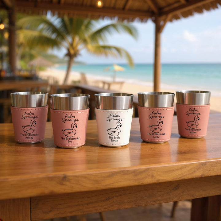 Palm Springs Bachelorette, Personalized Faux Leather Shot Glasses