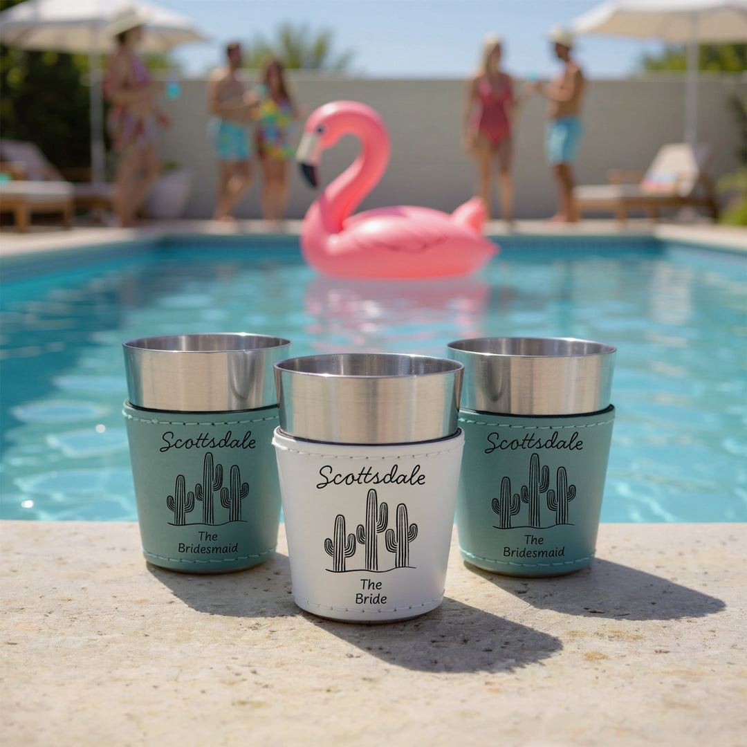 Scottsdale Bachelorette, Personalized Faux Leather Shot Glasses
