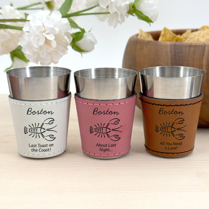 Boston Bachelorette, Personalized Faux Leather Shot Glasses