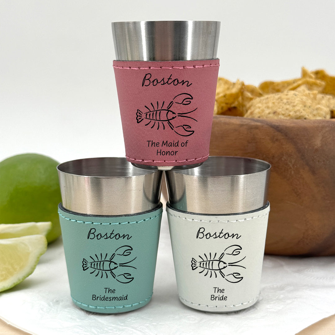 Boston Bachelorette, Personalized Faux Leather Shot Glasses