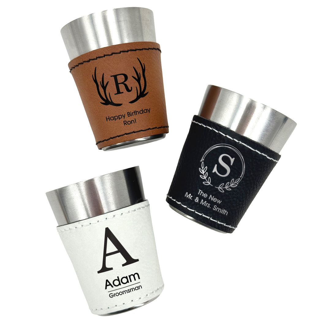 Custom Monogram Faux Leatherette Shot Glass: Personalized Wedding Gift, Bachelor Party Gift, 21st Birthday Favors