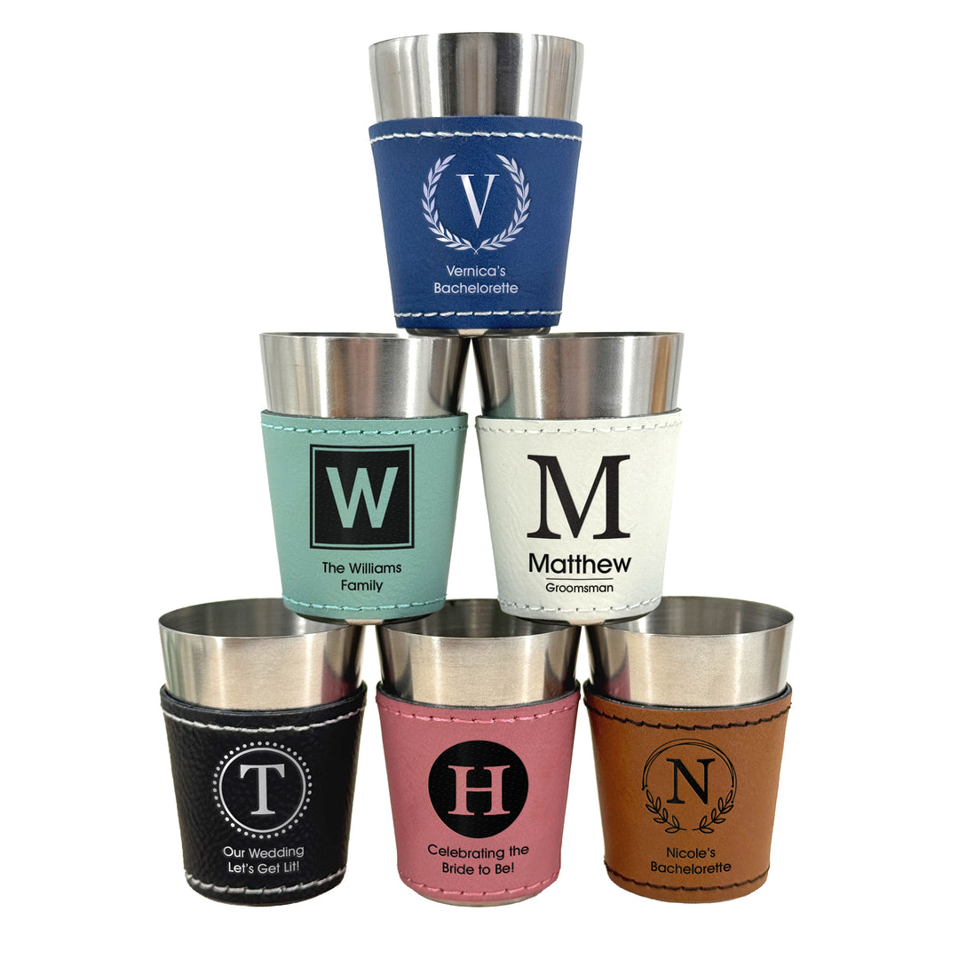 Custom Monogram Faux Leatherette Shot Glass: Personalized Wedding Gift, Bachelor Party Gift, 21st Birthday Favors