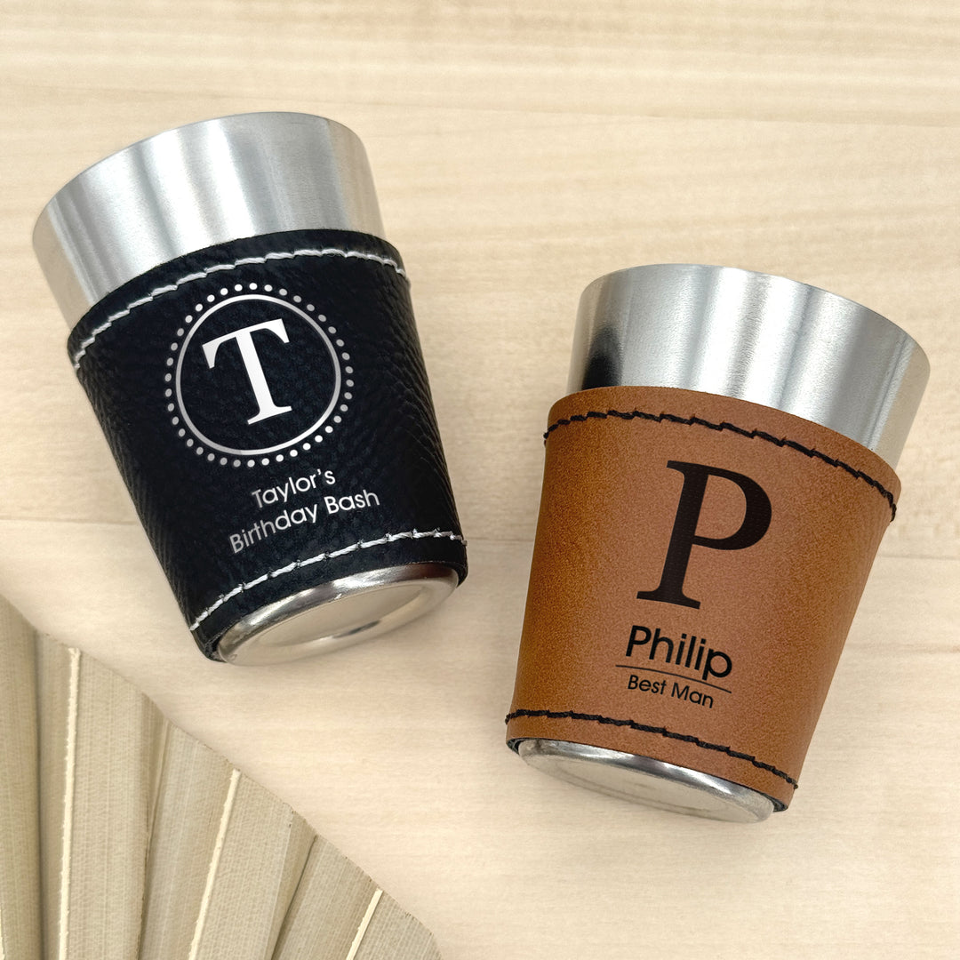 Custom Monogram Faux Leatherette Shot Glass: Personalized Wedding Gift, Bachelor Party Gift, 21st Birthday Favors