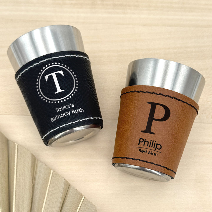 Custom Monogram Faux Leatherette Shot Glass: Personalized Wedding Gift, Bachelor Party Gift, 21st Birthday Favors