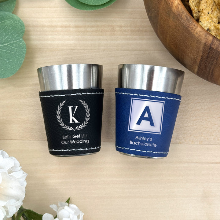 Custom Monogram Faux Leatherette Shot Glass: Personalized Wedding Gift, Bachelor Party Gift, 21st Birthday Favors