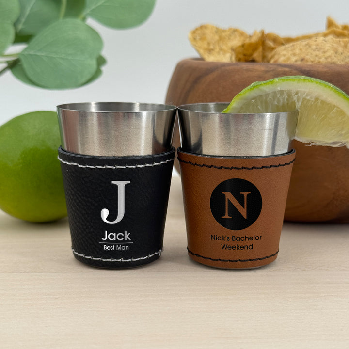 Custom Monogram Faux Leatherette Shot Glass: Personalized Wedding Gift, Bachelor Party Gift, 21st Birthday Favors
