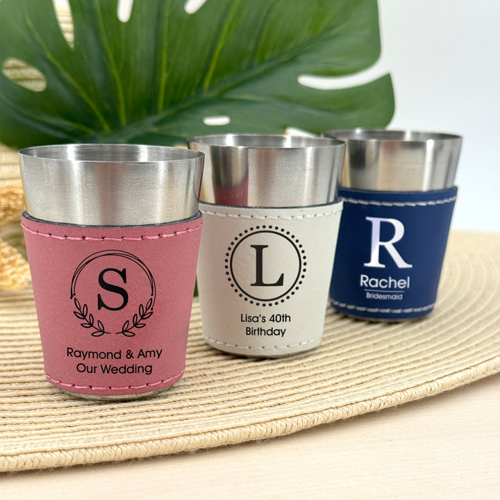 Custom Monogram Faux Leatherette Shot Glass: Personalized Wedding Gift, Bachelor Party Gift, 21st Birthday Favors