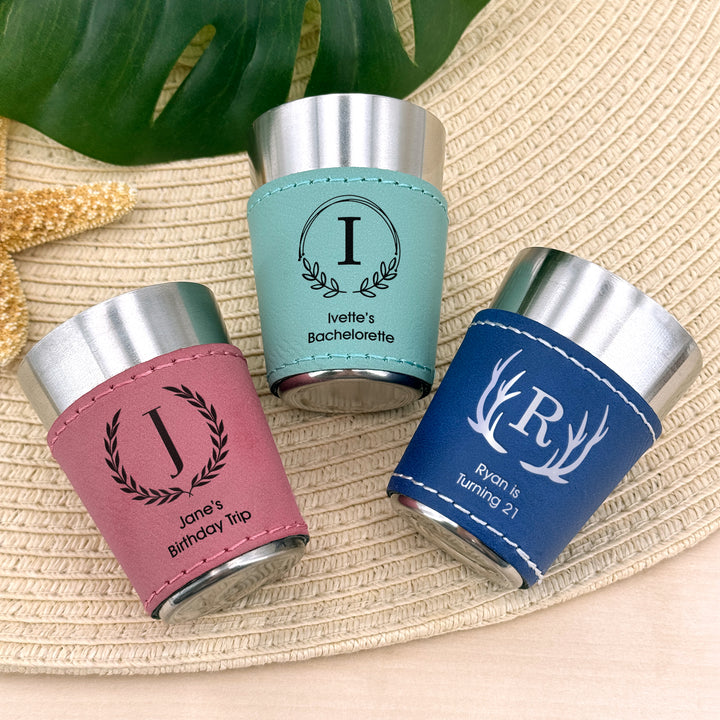 Custom Monogram Faux Leatherette Shot Glass: Personalized Wedding Gift, Bachelor Party Gift, 21st Birthday Favors