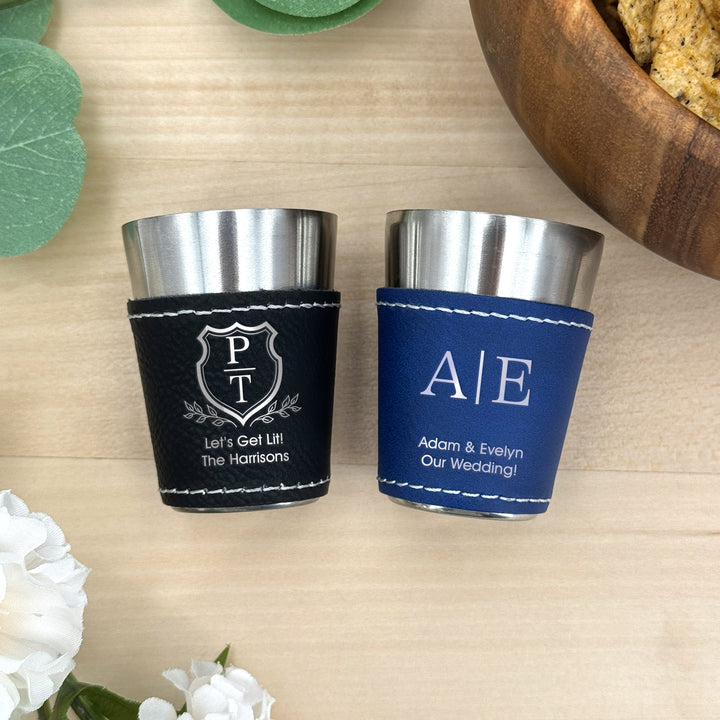 Faux Leatherette Shot Glass: Groomsmen Gift, Personalized Wedding Gift, Two Initial Monogram