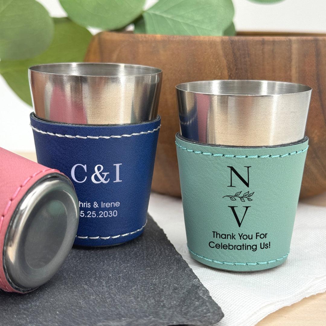 Faux Leatherette Shot Glass: Groomsmen Gift, Personalized Wedding Gift, Two Initial Monogram