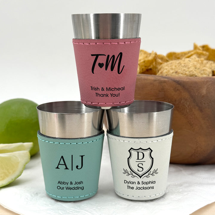 Faux Leatherette Shot Glass: Groomsmen Gift, Personalized Wedding Gift, Two Initial Monogram