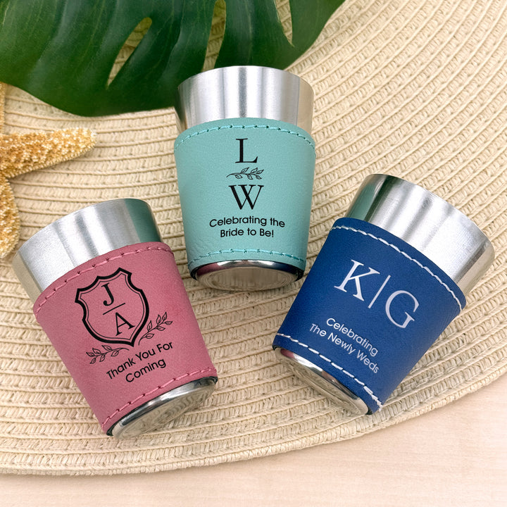 Faux Leatherette Shot Glass: Groomsmen Gift, Personalized Wedding Gift, Two Initial Monogram
