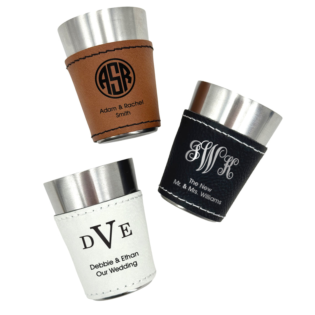 Faux Leatherette Shot Glass: Personalized Wedding Gift, Birthday Party Gift, Three Initial Monogram