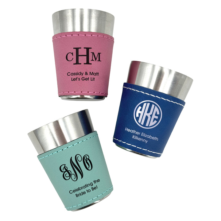 Faux Leatherette Shot Glass: Personalized Wedding Gift, Birthday Party Gift, Three Initial Monogram