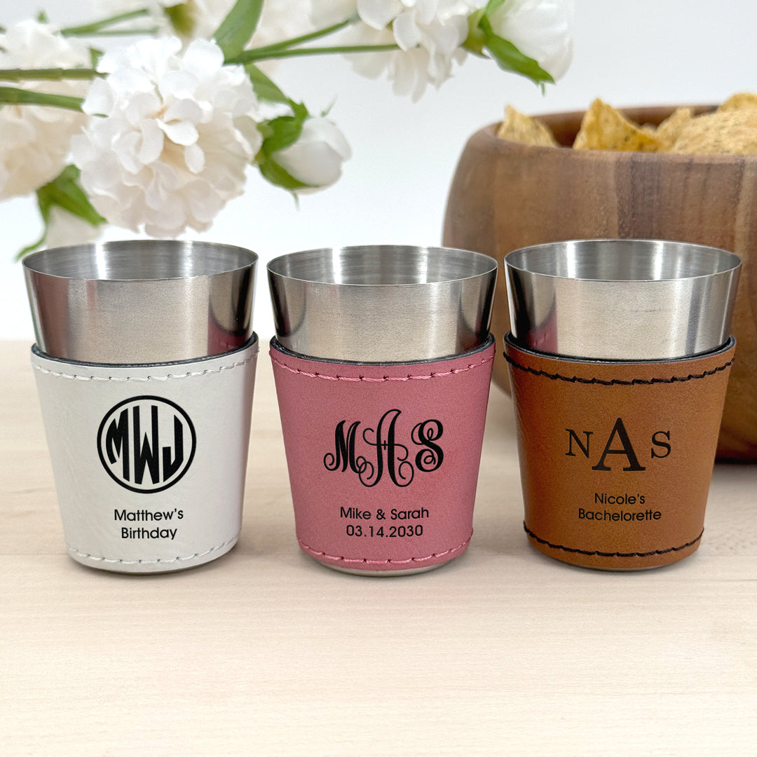 Faux Leatherette Shot Glass: Personalized Wedding Gift, Birthday Party Gift, Three Initial Monogram