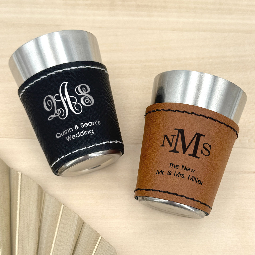 Faux Leatherette Shot Glass: Personalized Wedding Gift, Birthday Party Gift, Three Initial Monogram