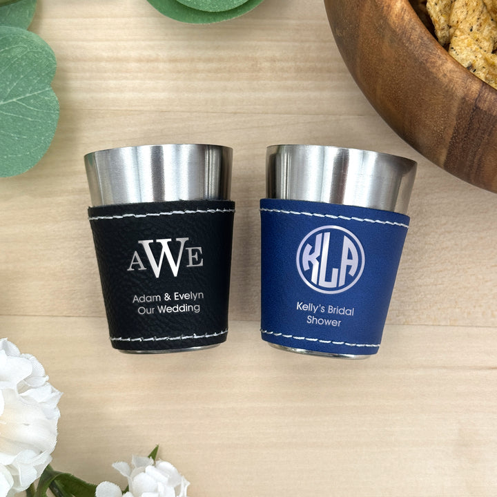 Faux Leatherette Shot Glass: Personalized Wedding Gift, Birthday Party Gift, Three Initial Monogram